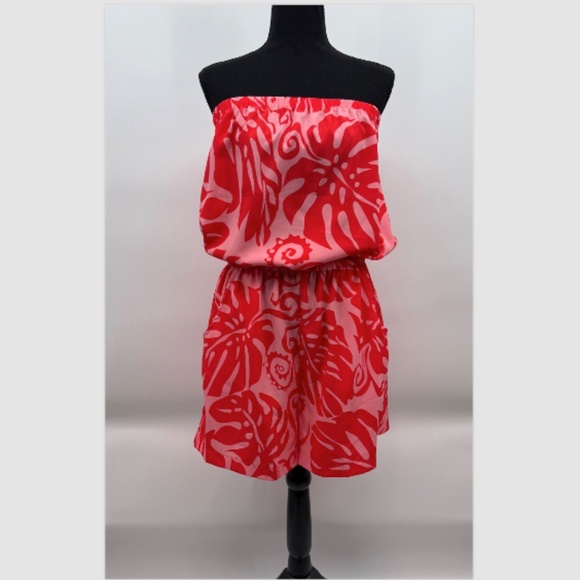 Manuhealii Pants - Manuhealii Romper Women Large Red Pink Hawaiian Strapless Floral Pockets Rayon